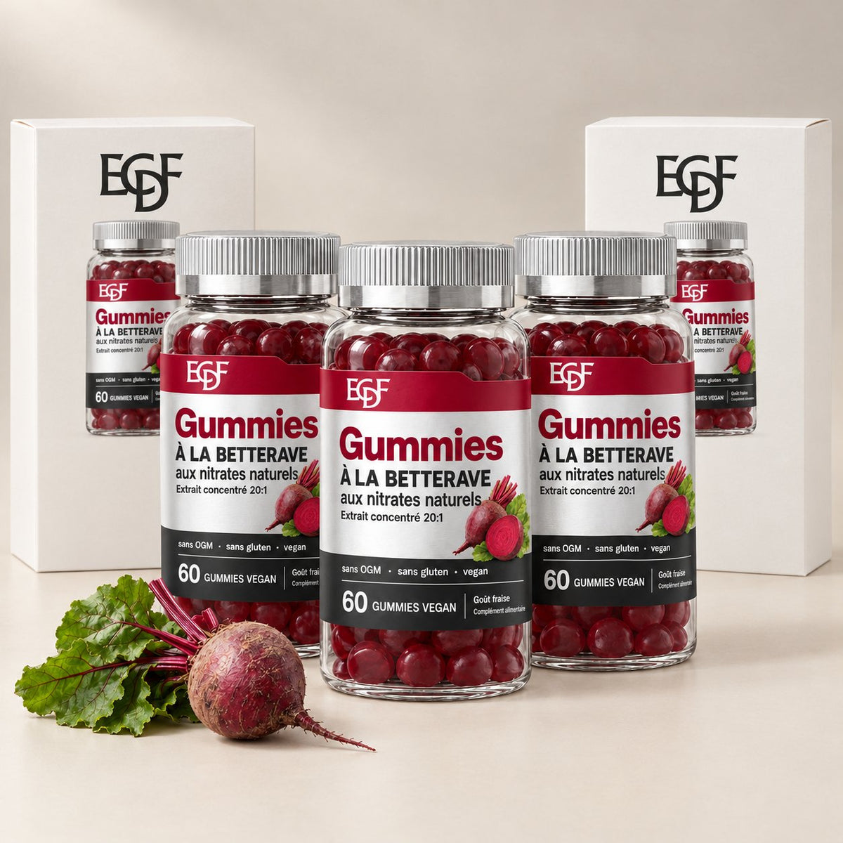 3 pots de gummies à la betterave avec les boîtes ECDF