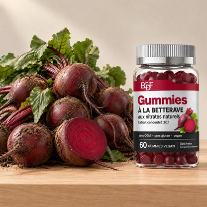 Un pot de gummies à la betterave à côté d'un tas de betteraves fraîches