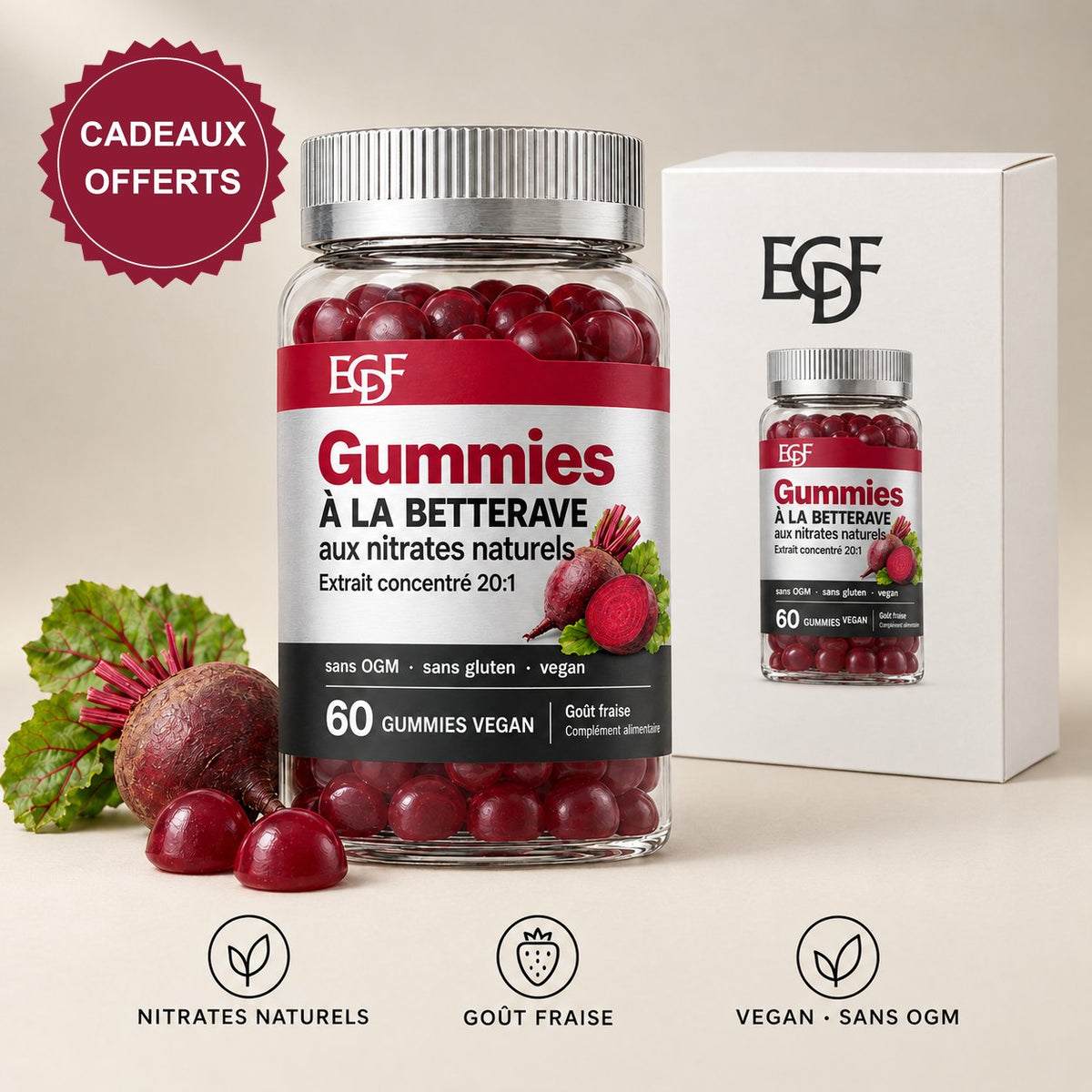 Gummies à la betterave ECDF avec leur boîte, cadeaux offerts : nitrates naturels, goût fraise, vegan et sans OGM