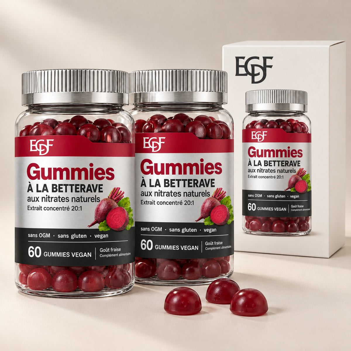 2 pots de gummies à la betterave avec la boîte ECDF