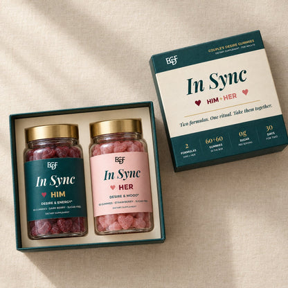 Ce qu’il y a dans le coffret : le coffret cadeau In Sync ouvert avec le pot LUI et le pot ELLE à l’intérieur