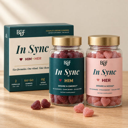 Gummies In Sync pour couple : le coffret cadeau avec le pot LUI et le pot ELLE devant, et des gummies en forme de cœur