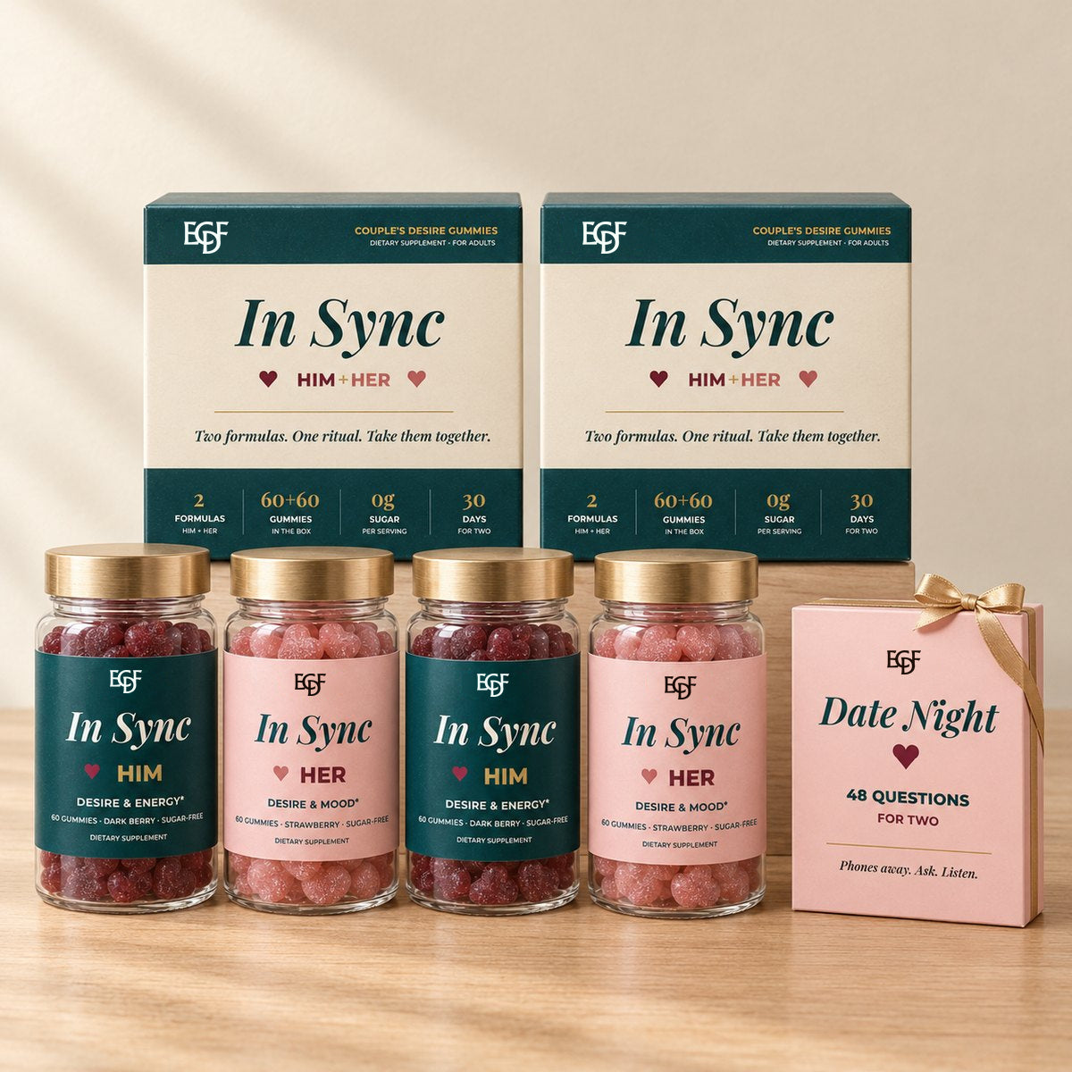 Pack 2 coffrets : deux coffrets In Sync, deux pots LUI, deux pots ELLE et un jeu de cartes Date Night offert