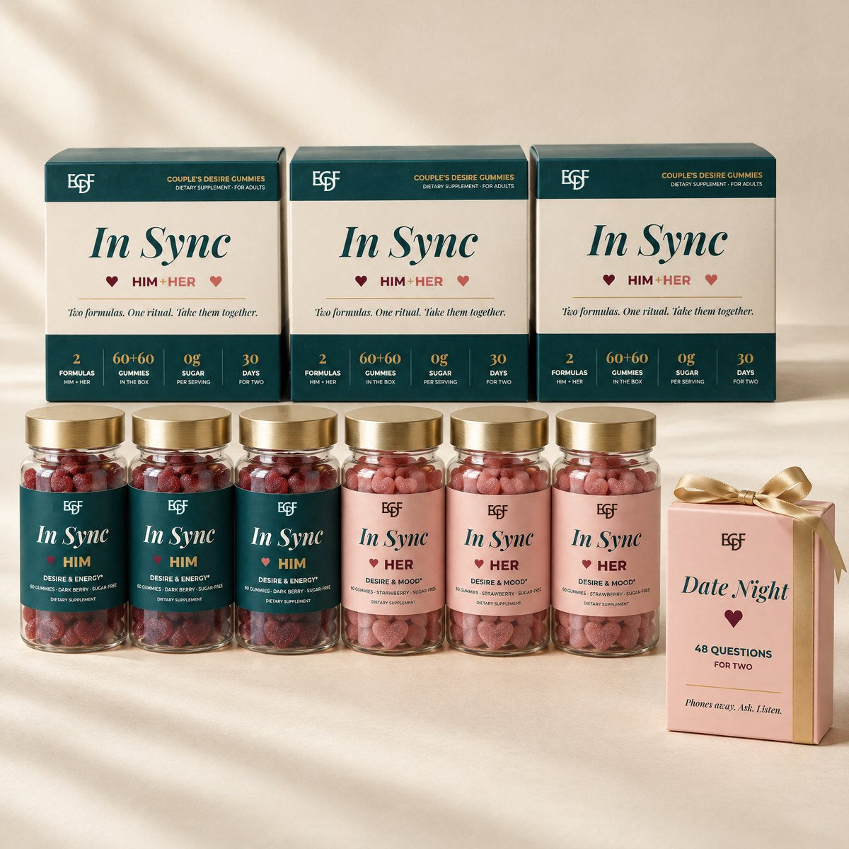 Pack 3 coffrets : trois coffrets In Sync, trois pots LUI, trois pots ELLE et un jeu de cartes Date Night offert