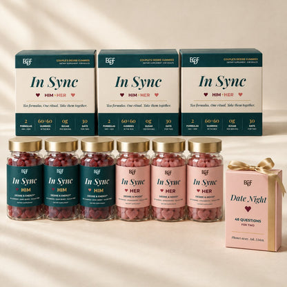 Pack 3 coffrets : trois coffrets In Sync, trois pots LUI, trois pots ELLE et un jeu de cartes Date Night offert