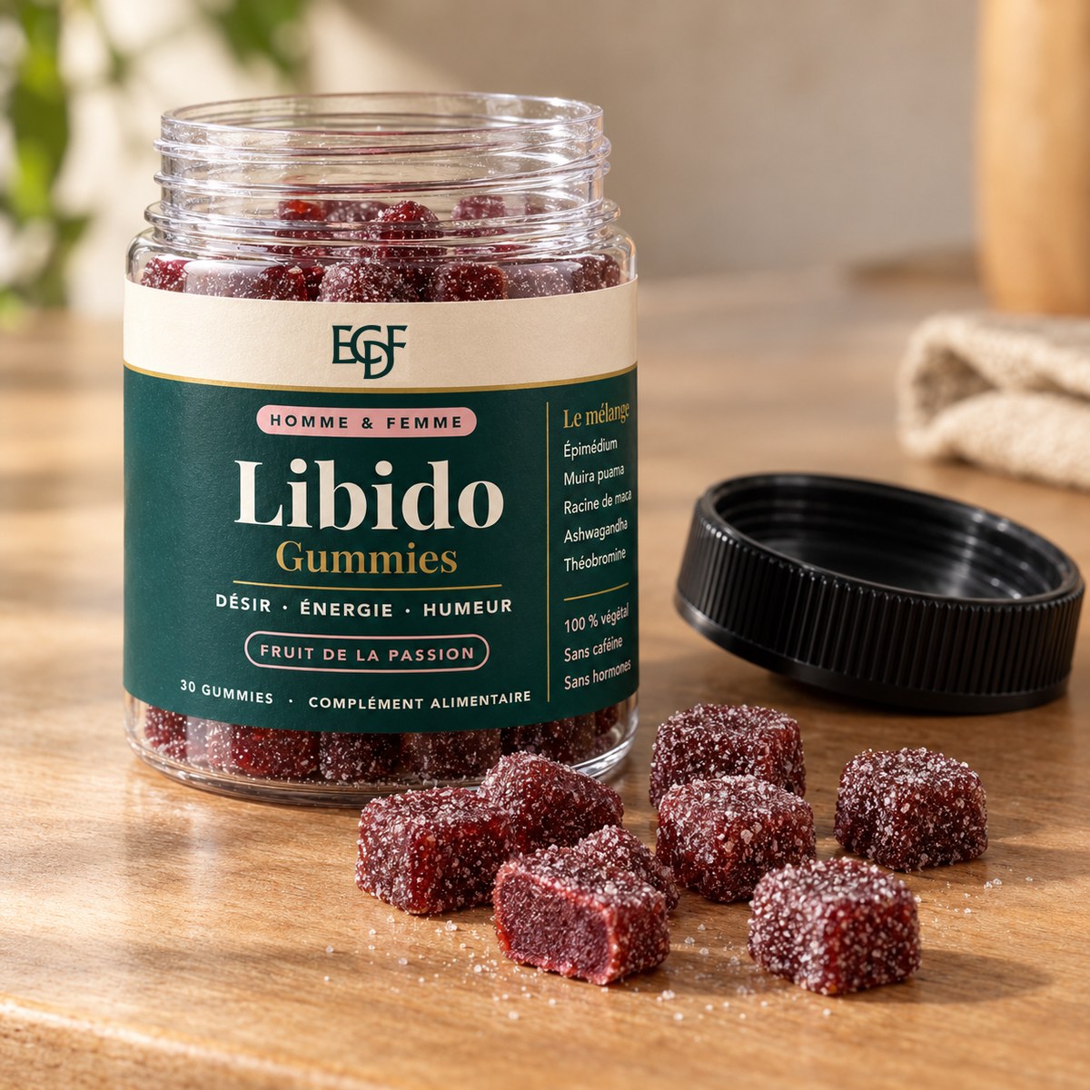Gros plan sur les gummies : petits cubes rouge foncé enrobés de sucre, à côté du pot ouvert