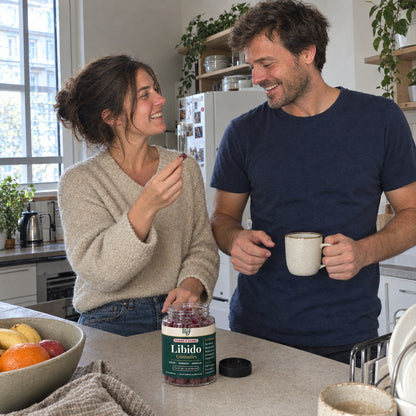 Un couple rit dans sa cuisine le matin, elle lui tend un gummy, le pot est posé sur le plan de travail
