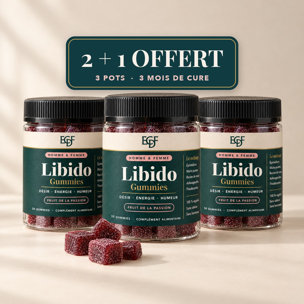 Offre 2 + 1 OFFERT : trois pots de Gummies Libido, soit 3 mois de cure