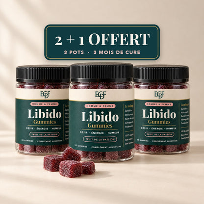 Offre 2 + 1 OFFERT : trois pots de Gummies Libido, soit 3 mois de cure