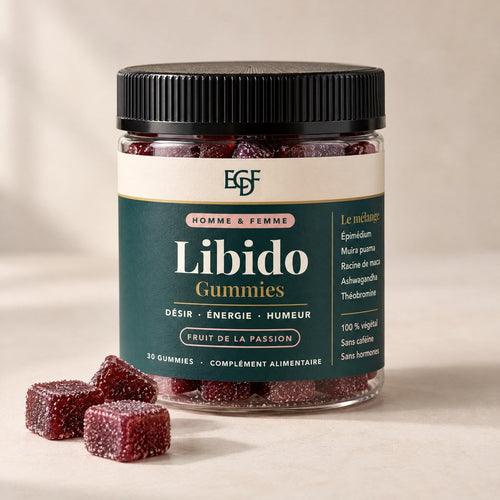 Le pot de Gummies Libido Homme & Femme ECDF : pot transparent, couvercle noir, 30 gummies rouge foncé au fruit de la passion