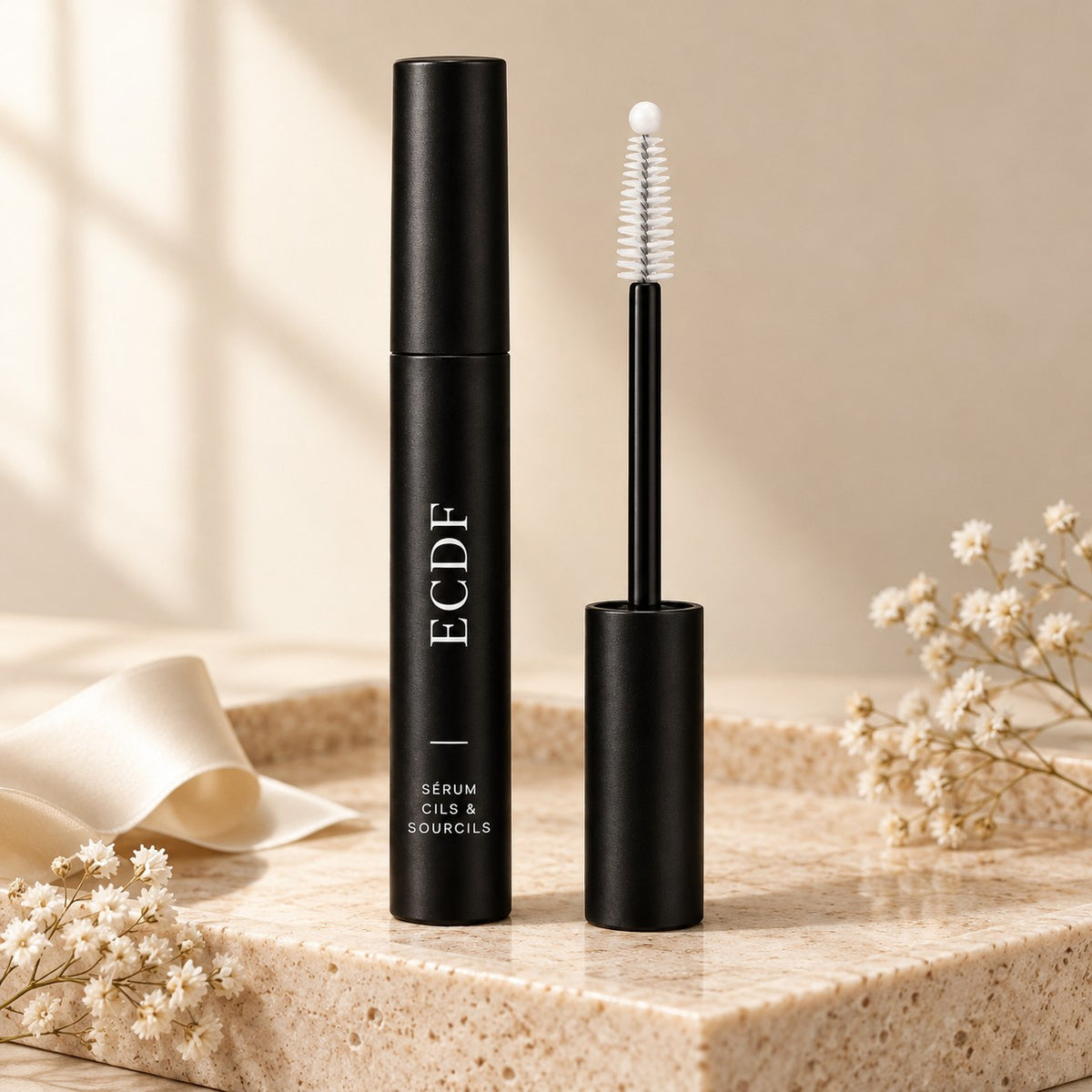 Sérum Cils & Sourcils ECDF : tube noir et pinceau applicateur